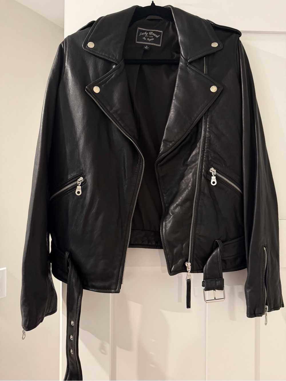 Lucky Brand Black 100% Genuine Leather Moto Biker Jacket Belted S